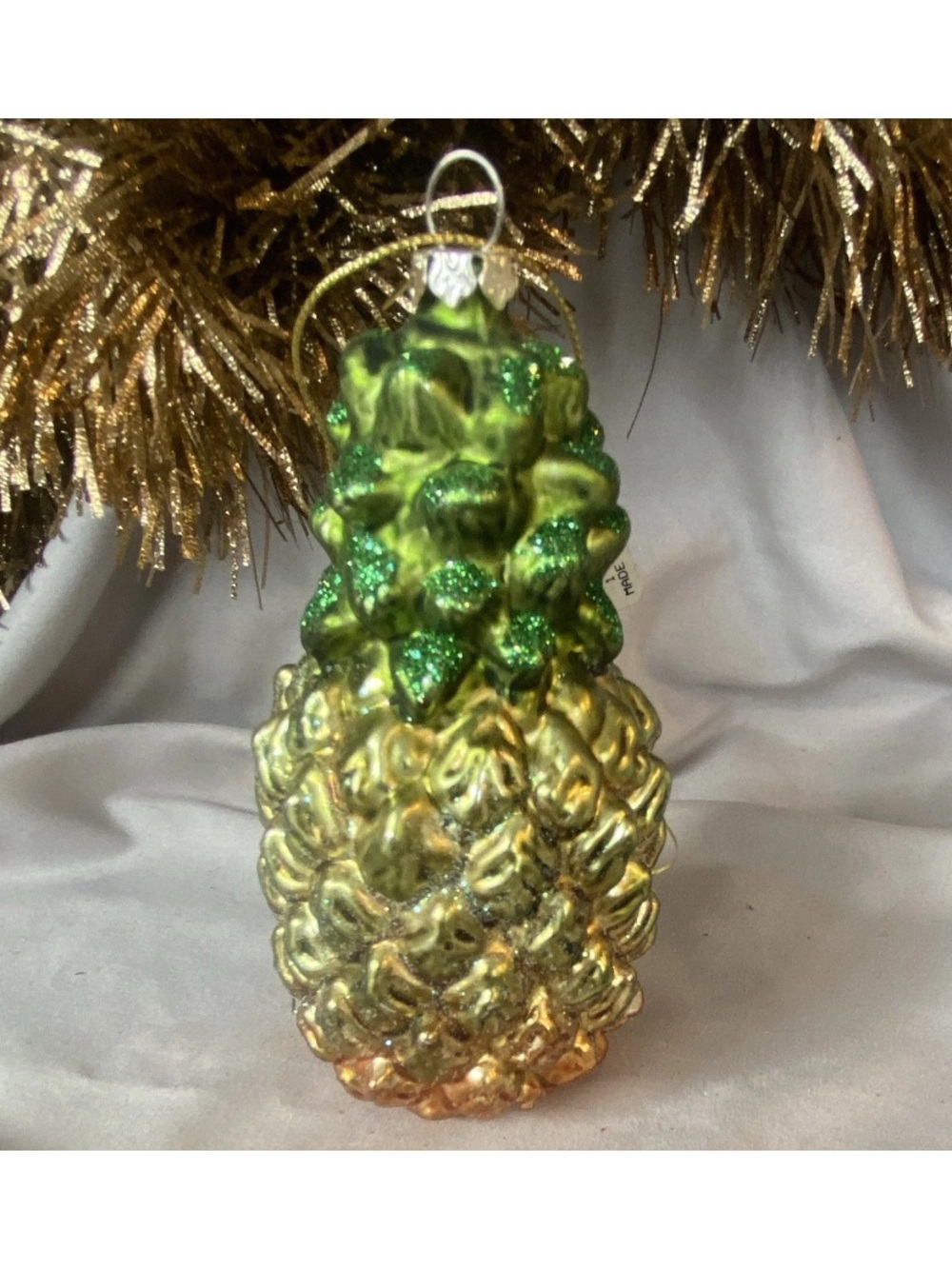 Premier Green and Gold Pineapple Holiday Ornament with Glitter Top Blown Glass